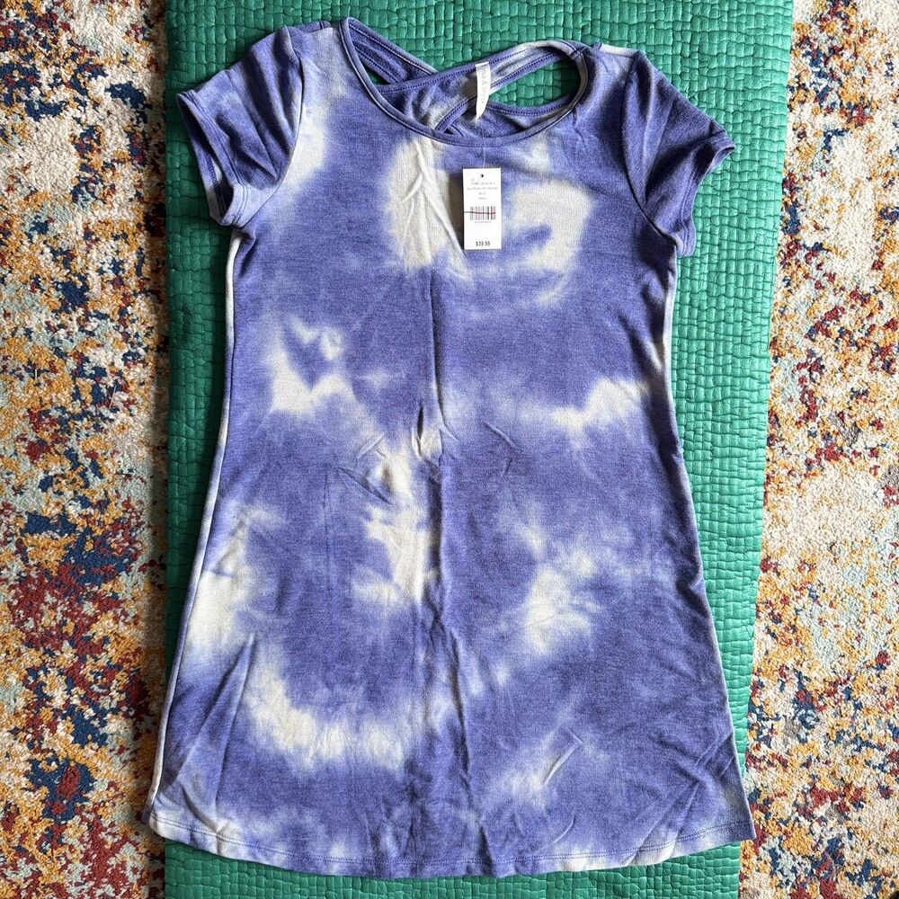 NEW NWT Mia & Tess Dress Small Blue Tie Dye Short Sleeve Back Cross Casual Work